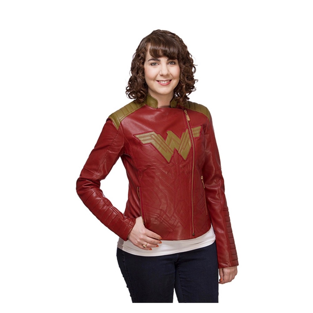 WONDER WOMAN Faux Leather Moto Jacket Red Gold 2XL DC Comics Edgy Bold Superhero